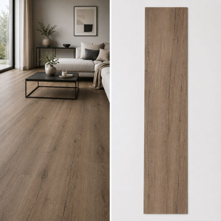 Wohnzimmer mit breiter Landhausdiele neben Musterausschnitt zur Ansicht der Holzoptik – Reud Bodenarena