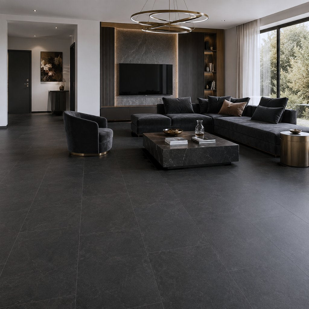 Klick Vinylboden Fliesenoptik Ölschiefer im luxuriösen Wohnzimmer mit dunklen Samtmöbeln und Messing-Akzenten – Reud Bodenarena