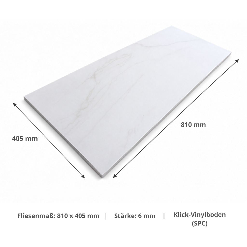 Einzelne Klick-Vinylfliese in Carrara Marmoroptik mit Maßangabe 810 x 405 mm – Reud Bodenarena