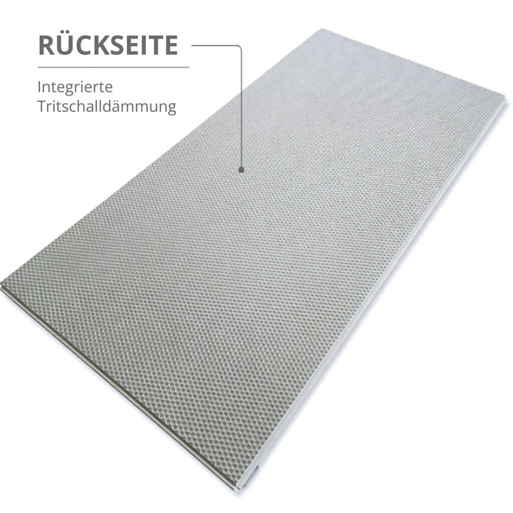 Rückseite der Carrara Marmoroptik-Vinylplanke mit integrierter Trittschalldämmung im Detail – Reud Bodenarena