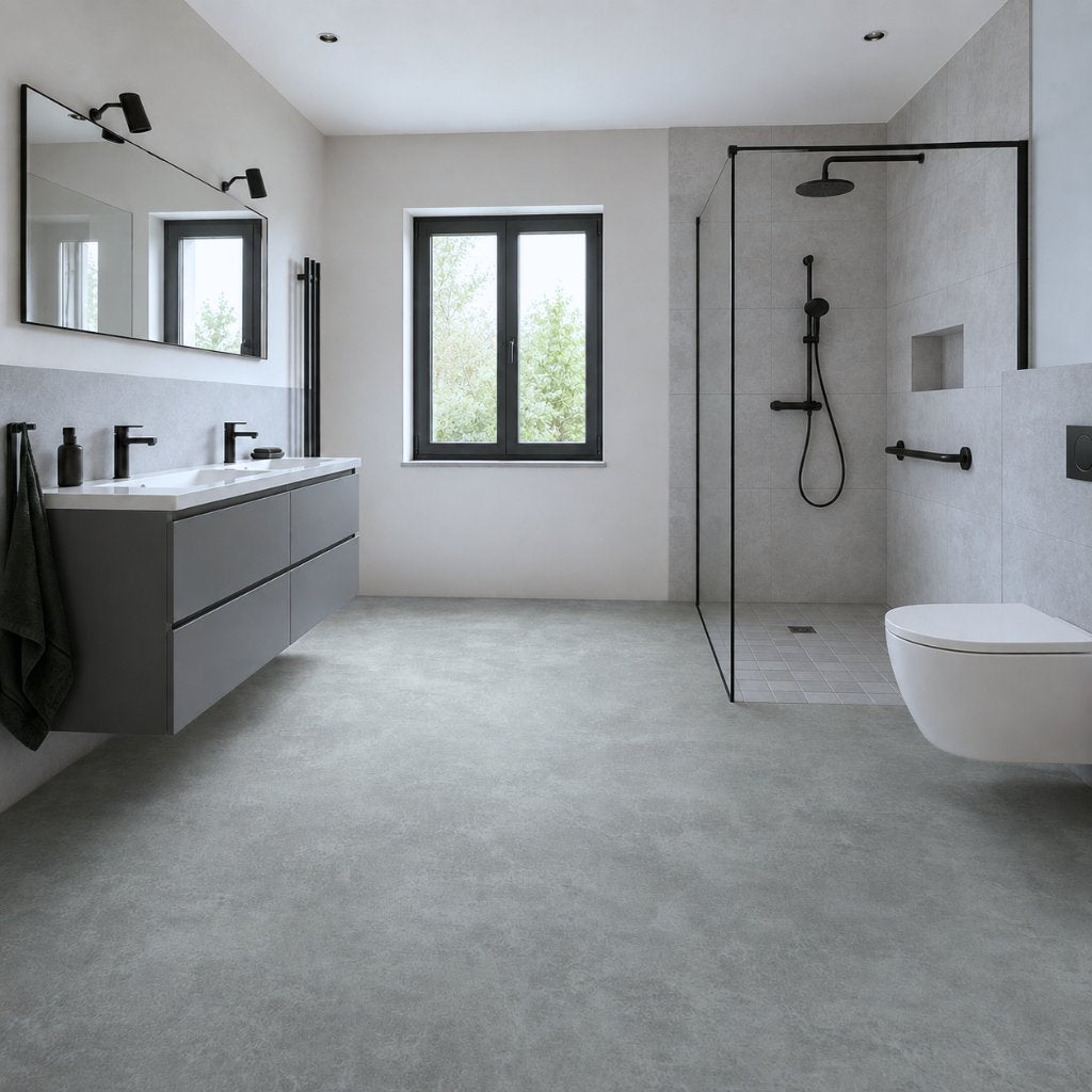Klick Vinylboden Steinoptik Sichtbeton grau im modernen, barrierefreien Badezimmer mit bodengleicher Dusche – Reud Bodenarena

2. Keller/Waschraum (Image 2)