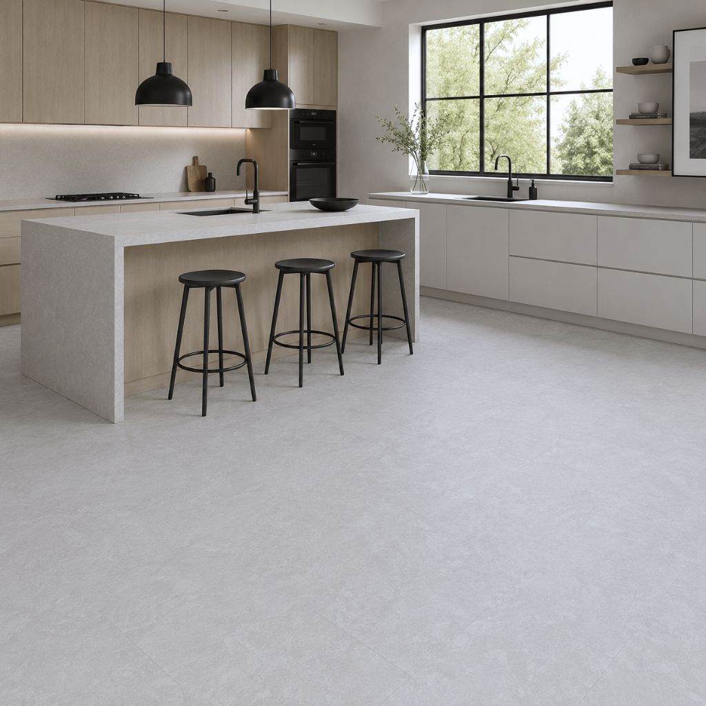 Laminat Fliesenoptik Classen Infinity Arktis Weißgrau in moderner Küche von Reud Bodenaren