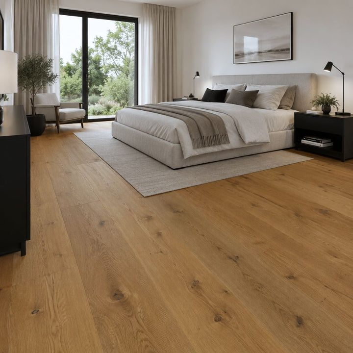 Parkett Landhausdiele Französische Eiche XXL in rustikaler Optik in einem hellen Schlafzimmer