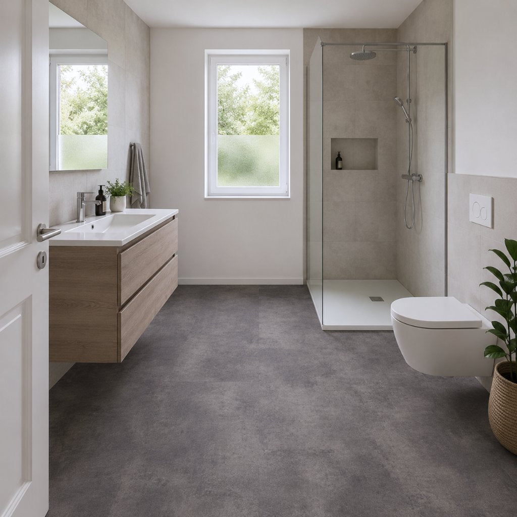 Vinylboden Greyline Fliesenoptik im modernen Bad mit Dusche und Waschtisch – Reud Bodenarena