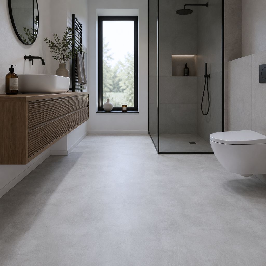 Elegantes Badezimmer mit grauer Fliesenoptik in großformatigem Klick-Vinyl von REUD Bodenarena