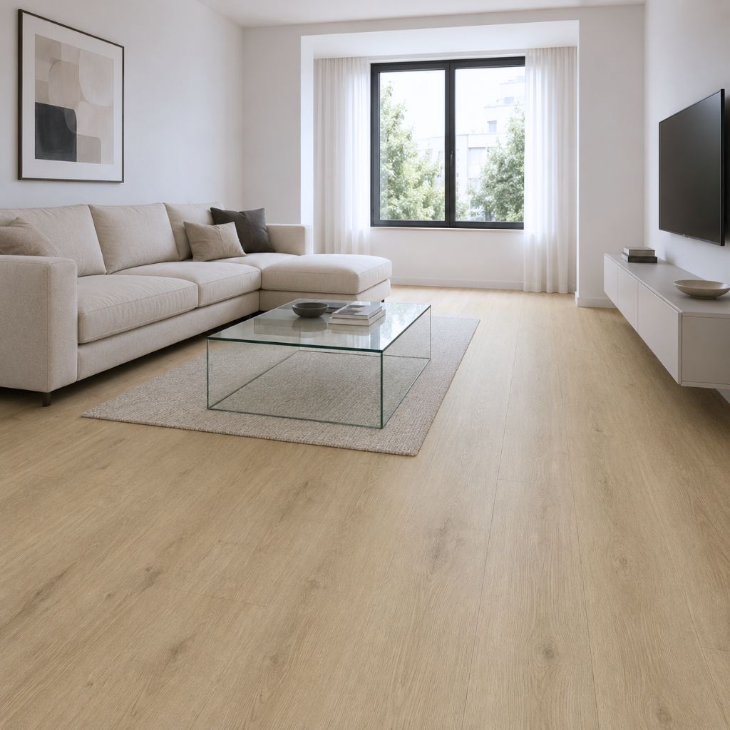 Eiche Palazzo Vinylboden im Wohnzimmer mit beigem Sofa und Glastisch – Reud Bodenarena