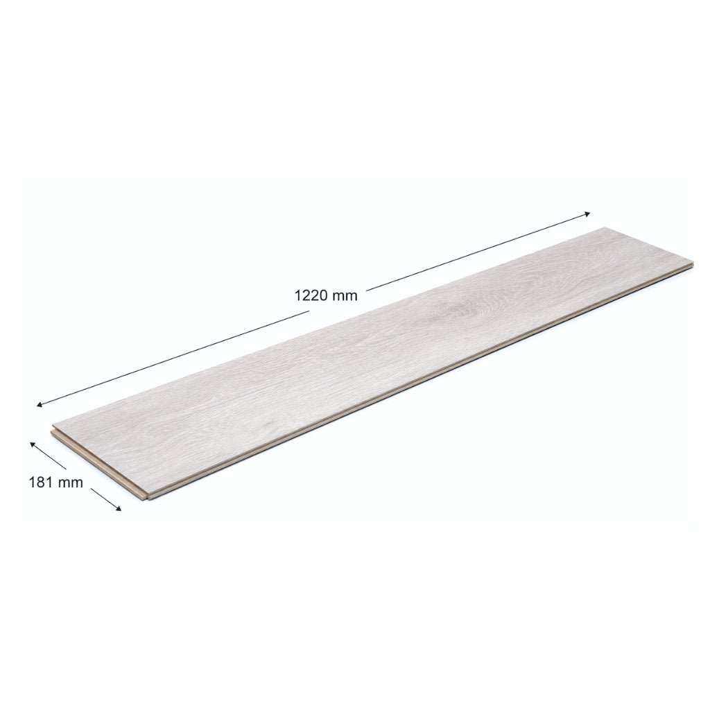Einzelne Diele des Klick Vinylboden Weißeiche mit Maßangaben 1220 x 181 mm – Reud Bodenarena