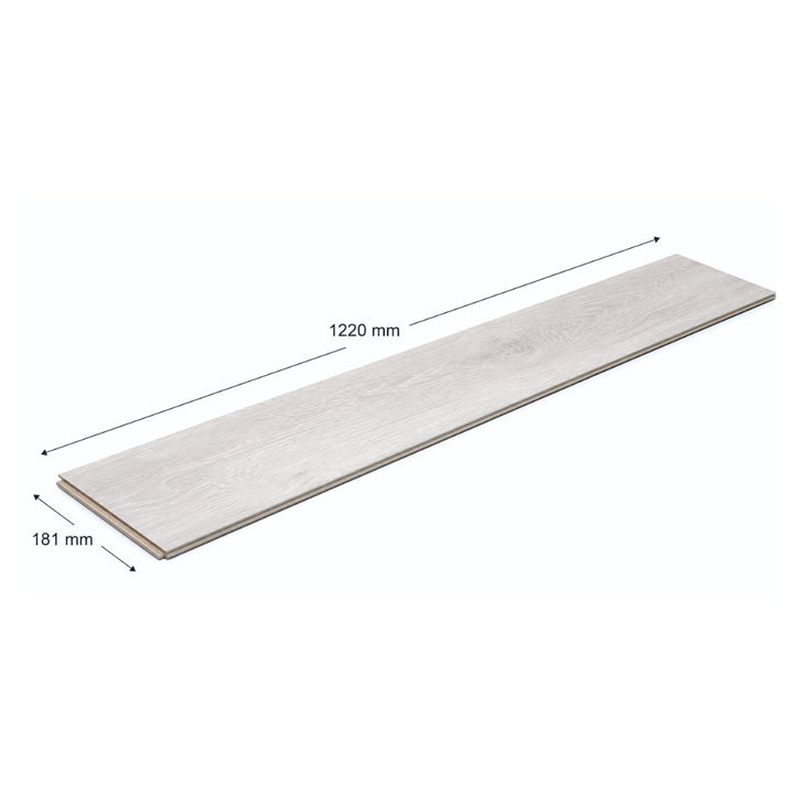 Einzelne Diele des Klick Vinylboden Weißeiche mit Maßangaben 1220 x 181 mm – Reud Bodenarena