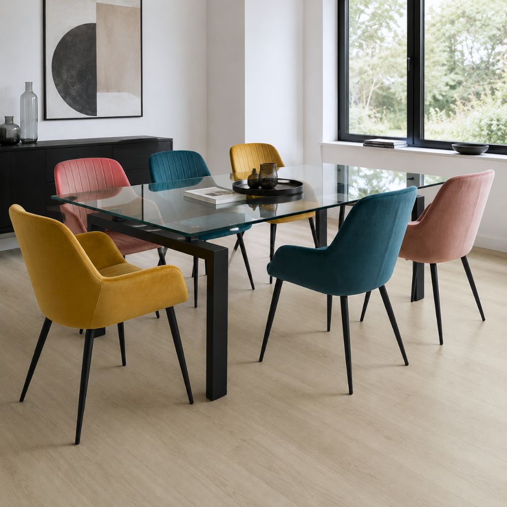Heller Light Oak Vinylboden im Esszimmer mit Glastisch und bunten Stühlen – Reud Bodenarena