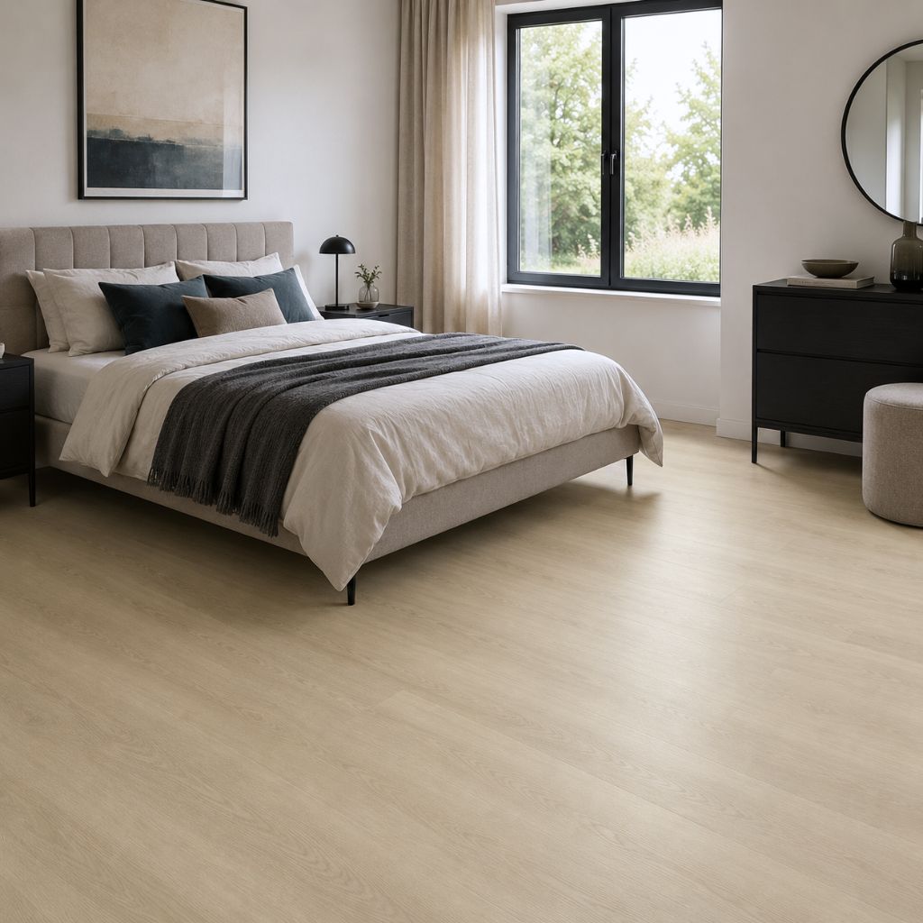 Light Oak Vinylboden im Schlafzimmer mit dunkler Kommode und rundem Spiegel – Reud Bodenarena