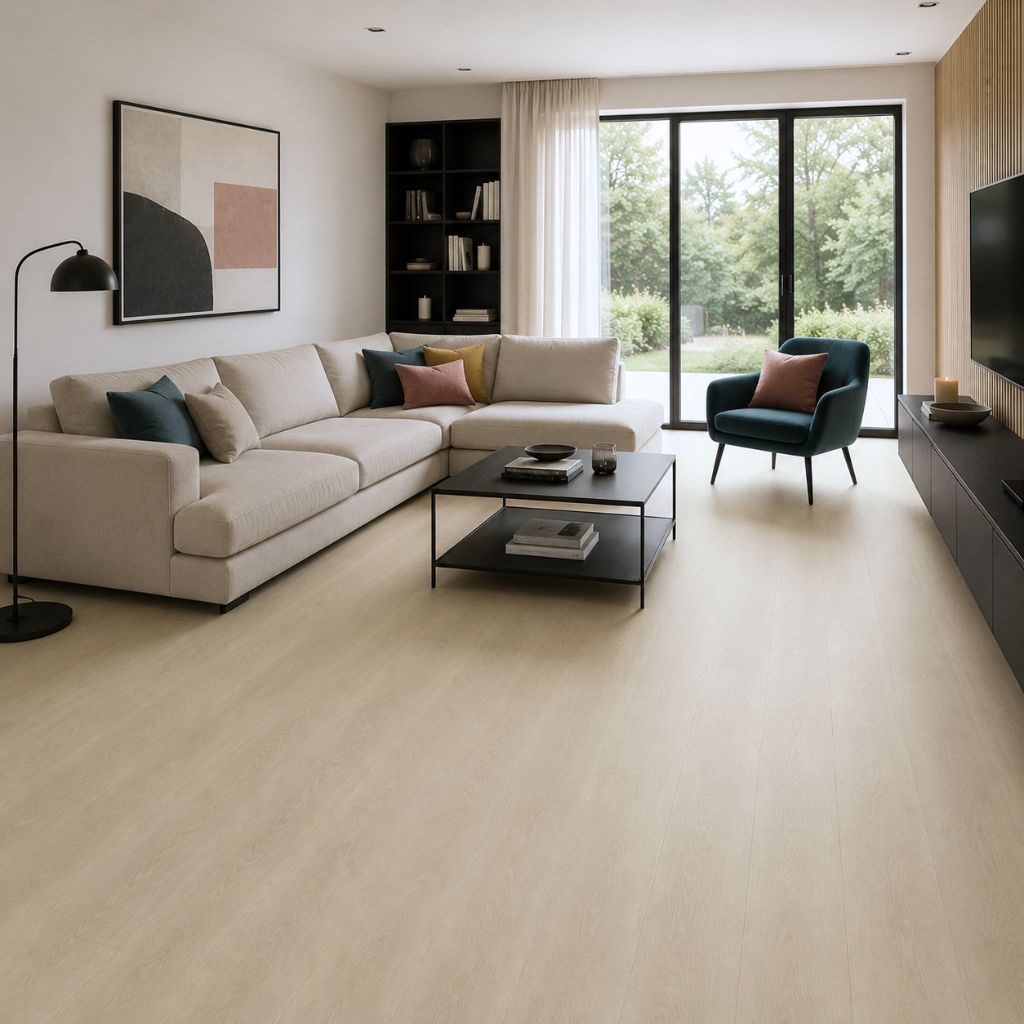 Heller Light Oak Vinylboden im Wohnzimmer mit beigem Sofa und dunklem Sideboard – Reud Bodenarena